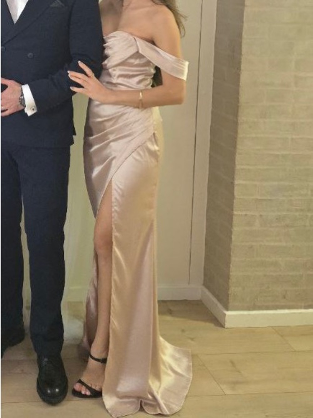 Fashion Nova Off-Shoulder Champagne Satin Prom Dress